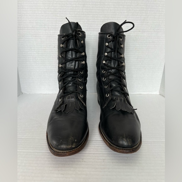 Justin Western Roper Kiltie Boots Women Size 9 B Black Leather Lace Up L0620 - Picture 2 of 11
